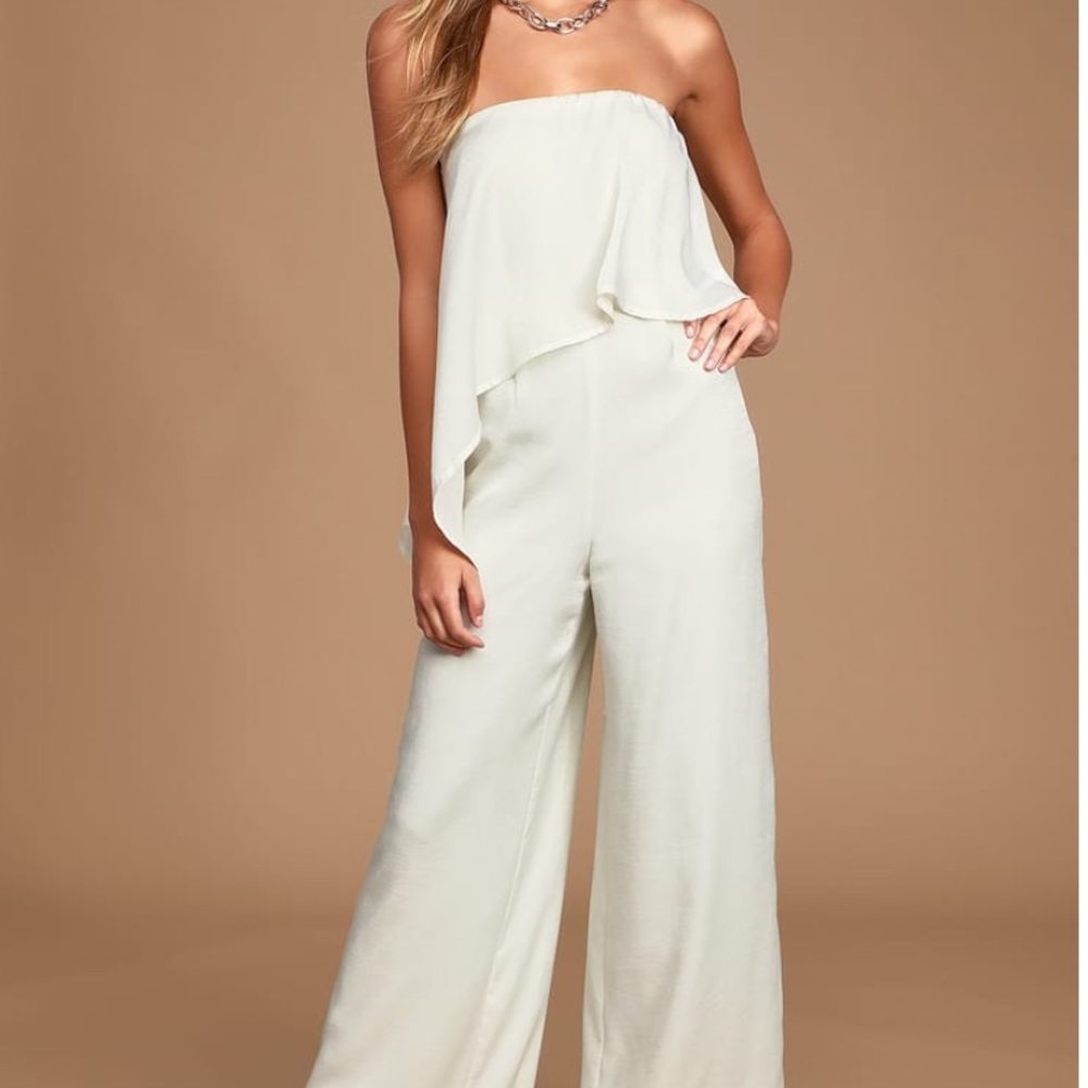 Lulus Raven Cream Satin Strapless Wide Leg Jumpsuit